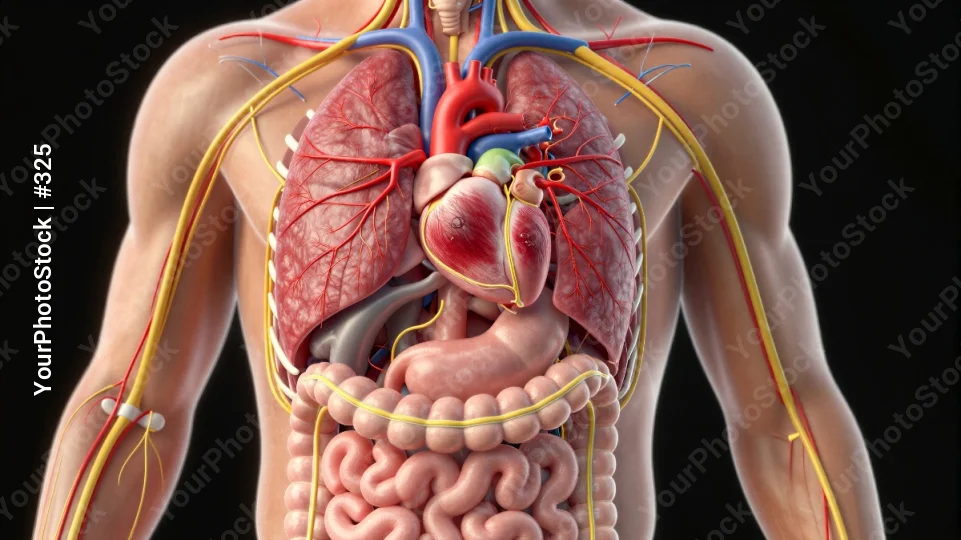 3D Illustration of Human Heart and Lungs with Blood Vessels