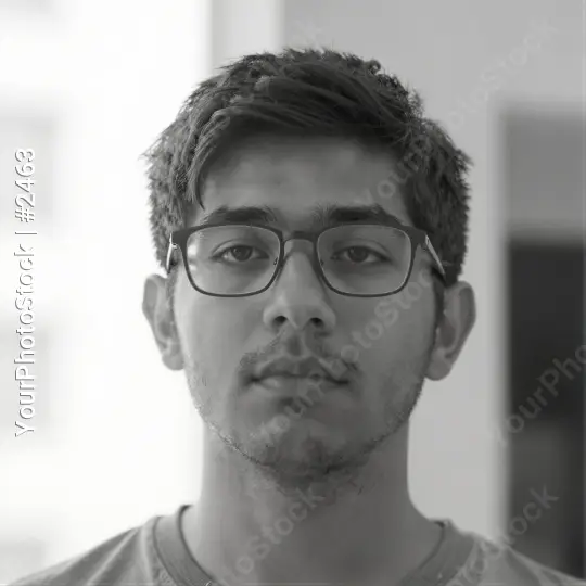 Young Man in Serious Pose with Curly Hair black and white
