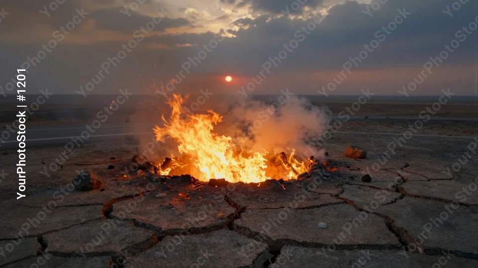 Burning Landscape Fire desolate clouds setting sun