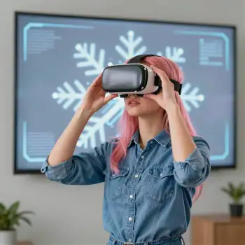 Young Woman Wearing VR Headset Immersed in Virtual Reality