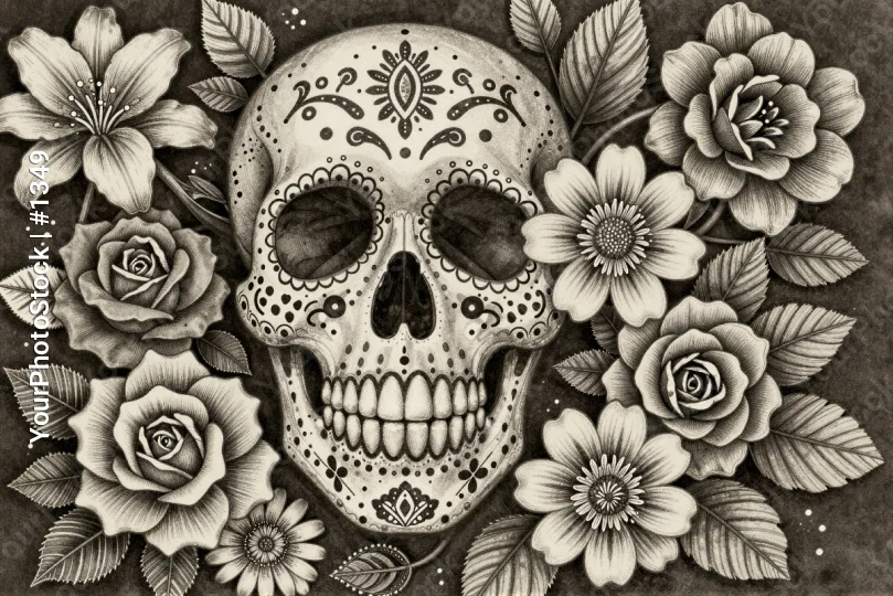 Sugar Skull with Flowers and Leaves - Day of the Dead Art