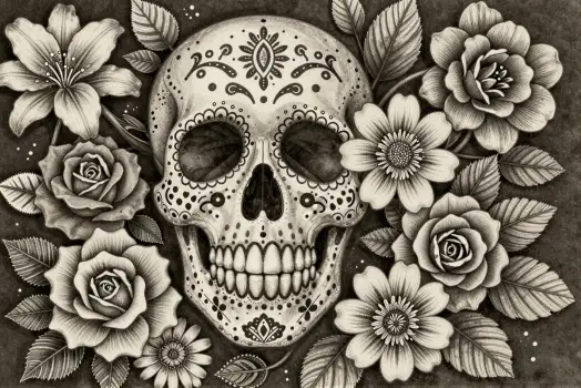 Sugar Skull with Flowers and Leaves - Day of the Dead Art