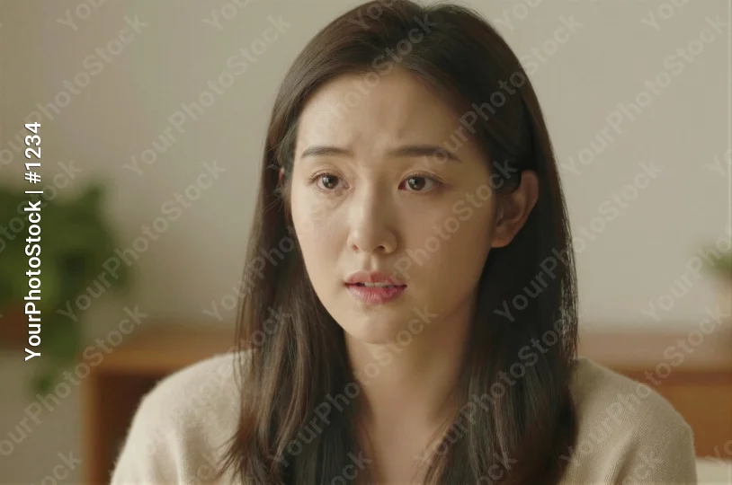 Serious Woman in Beige Blouse Looking Somber late twenties