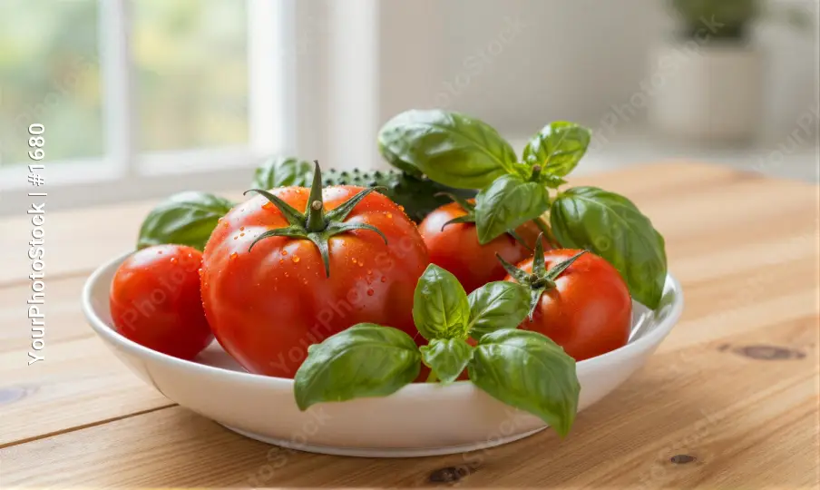 Fresh Tomatoes and Basil on Wooden Table ripe