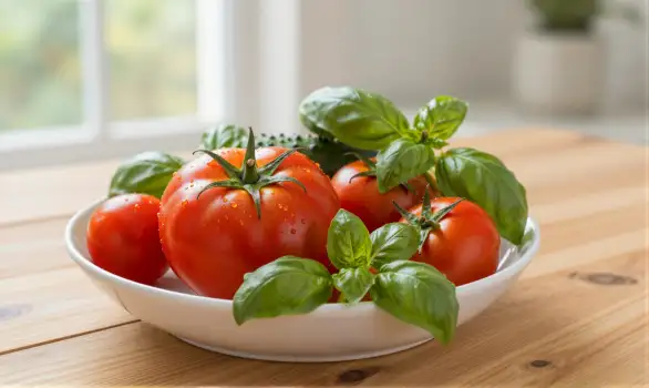 Fresh Tomatoes and Basil on Wooden Table ripe