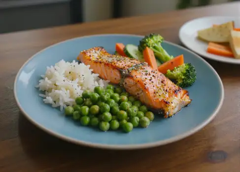 Blue Plate with Salmon, Rice and Vegetables on Wooden Table