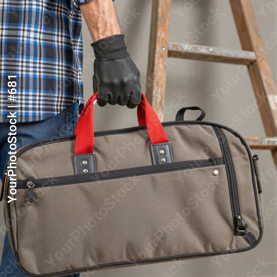 Person Holding Duffel Bag with Handles beige red