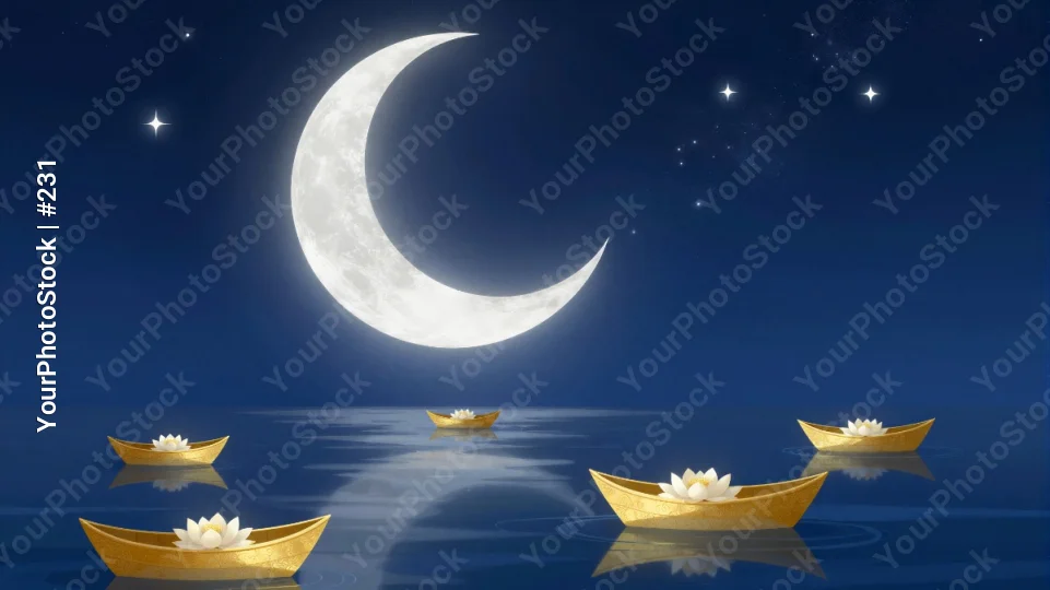 Crescent Moon Over Calm Waters with Yellow Boats at Night