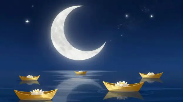 Crescent Moon Over Calm Waters with Yellow Boats at Night