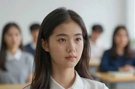 Serious Young Asian Woman in Classroom focused