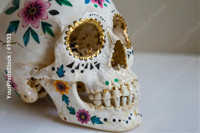 Colorful Floral Skull with Gold Eyes symmetrical Mexico