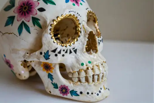 Colorful Floral Skull with Gold Eyes symmetrical Mexico