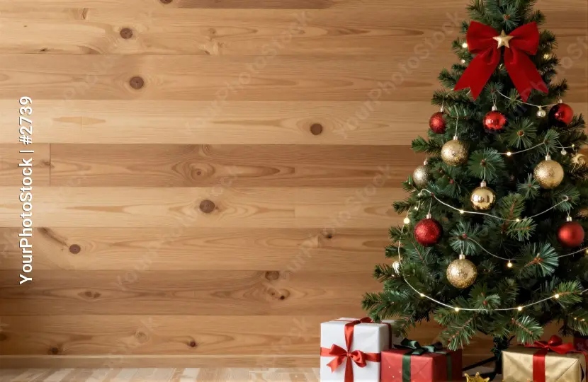 Festive Christmas Tree with Presents and Wooden Background