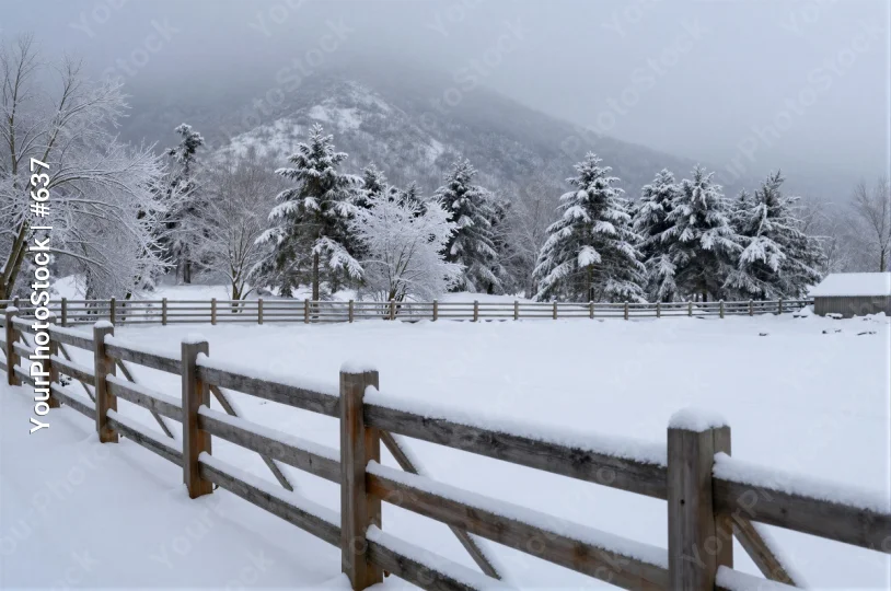 Snowy Landscape with Wooden Fence winter trees