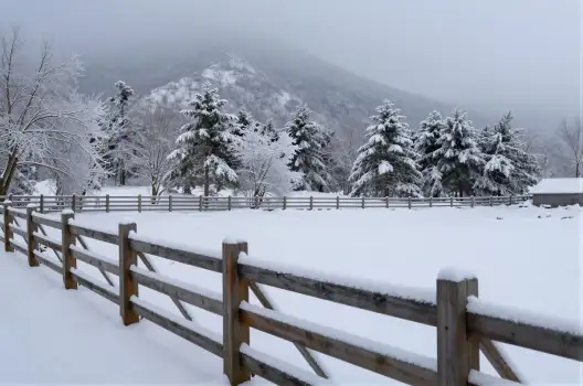 Snowy Landscape with Wooden Fence winter trees