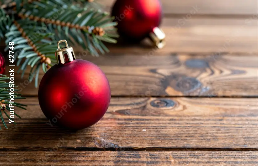 Festive Christmas Decor on Rustic Wooden Surface