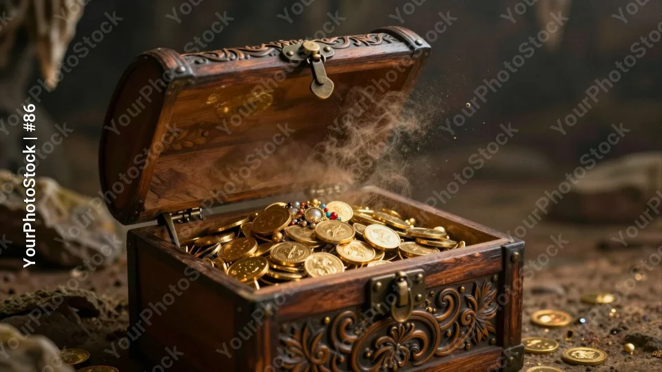 Old Wooden Chest Revealing Gold Coins intricate carvings