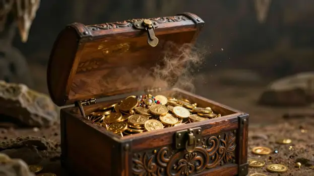 Old Wooden Chest Revealing Gold Coins intricate carvings
