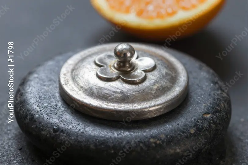 Silver Flower Lid on Metal Container with Orange Slice