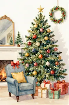 Christmas Decorated Living Room tree ornaments