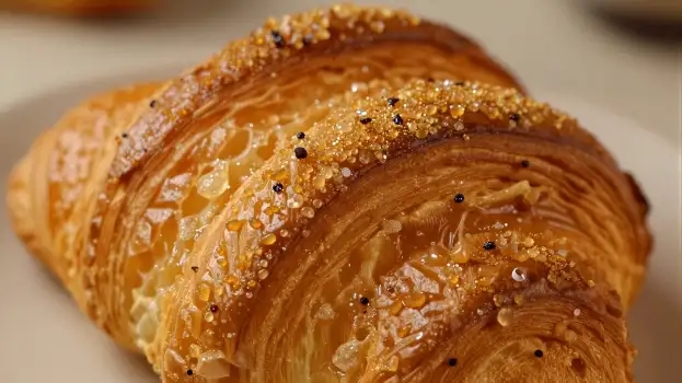 Freshly Baked Croissant with Sesame Seeds on White Plate