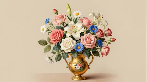Ornate Gold Vase with Mixed Flowers bouquet roses