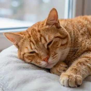 Sleeping Orange Tabby Cat on White Blanket sleeping cat