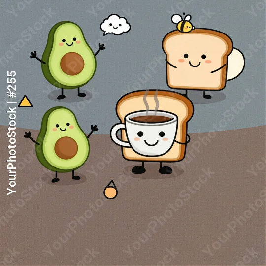 Three Avocados and Bread Slice with Coffee Cup and Bee illustration