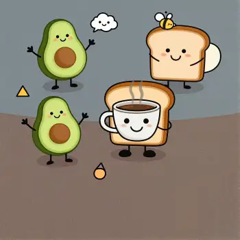 Three Avocados and Bread Slice with Coffee Cup and Bee illustration