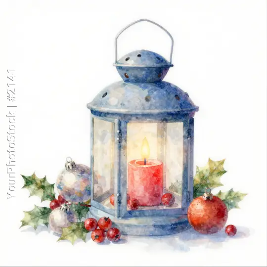 Blue Metal Lantern with Red Candle on White Background christmas