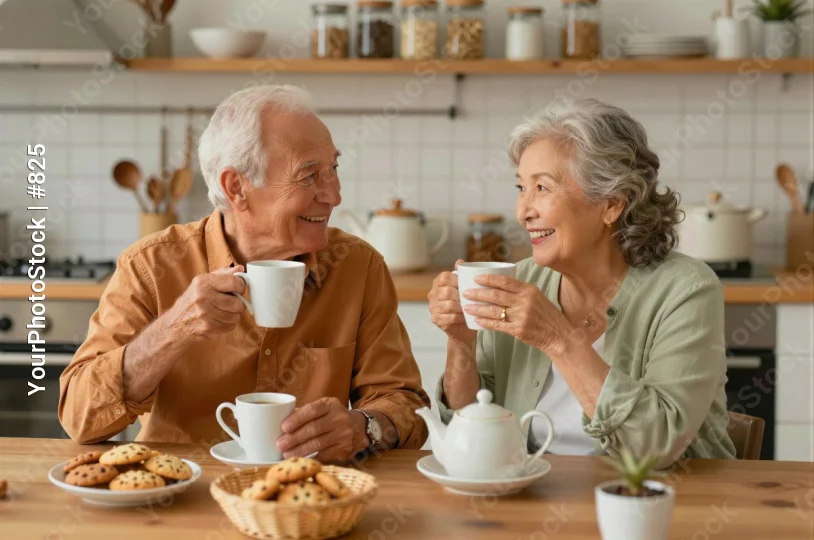 Elderly Couple Enjoying Tea Together at Kitchen Table