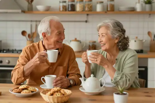 Elderly Couple Enjoying Tea Together at Kitchen Table