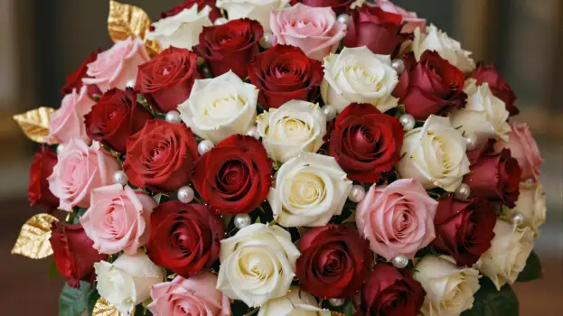 Elegant Red Roses Bouquet with White and Pink Flowers