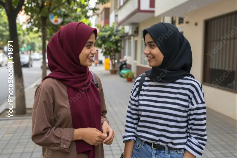 Two young women conversing on a street conversation
