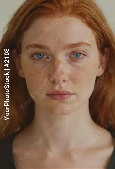 Serious Young Woman with Red Hair Looking Directly at Camera model