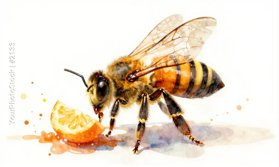 Bee Holding Orange Slice watercolor illustration