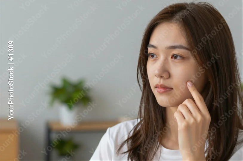 Young Asian Woman Contemplating with Plant Background