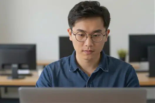 Young Asian Man Focused on Laptop in Office computer working