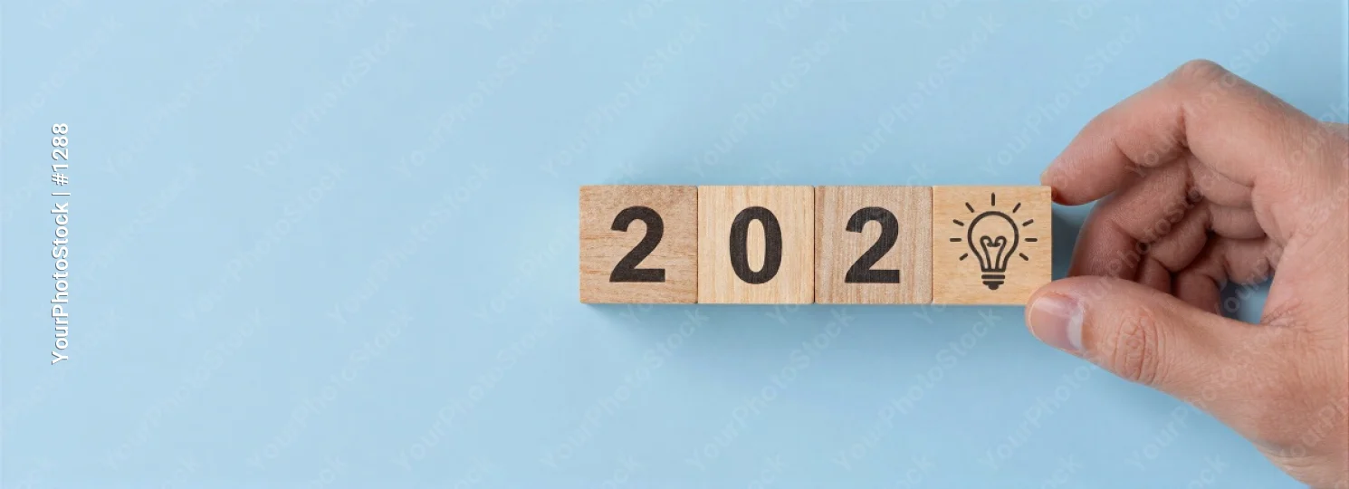 Hand Holding Wooden Block with 2020 Numbers, Lightbulb Icon
