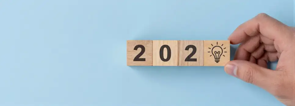 Hand Holding Wooden Block with 2020 Numbers, Lightbulb Icon