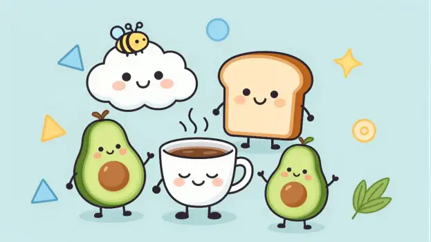 Cartoon Avocado Coffee Slice Happy Bee bread illustration