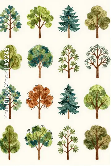 12 Unique Trees in Watercolor Style leaf colors