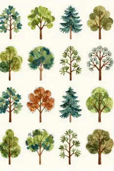 12 Unique Trees in Watercolor Style leaf colors