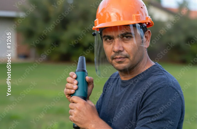 Construction worker using power drill at work site