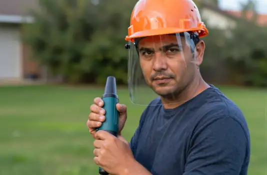 Construction worker using power drill at work site