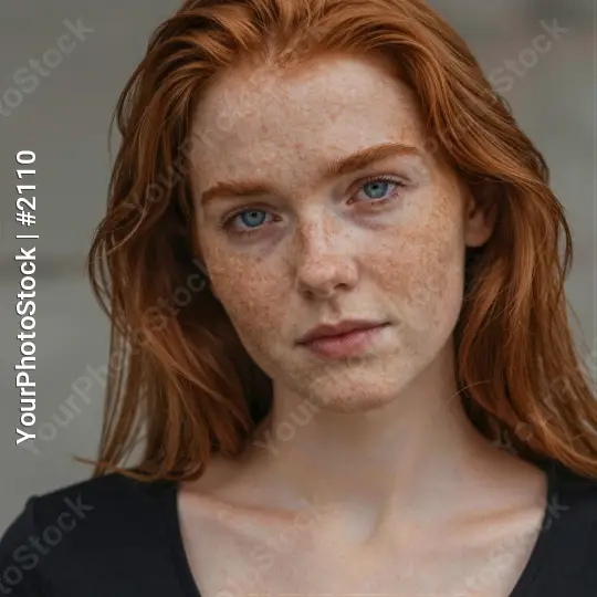 Serious Woman with Red Hair Looking Directly at Camera model