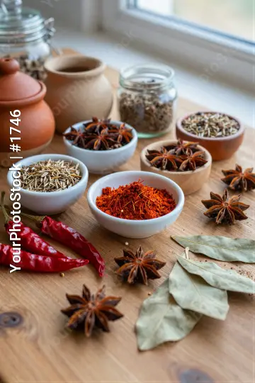 Rustic Wooden Table with Spices and Herbs kitchen