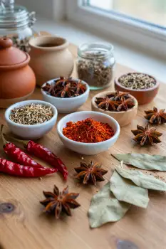 Rustic Wooden Table with Spices and Herbs kitchen