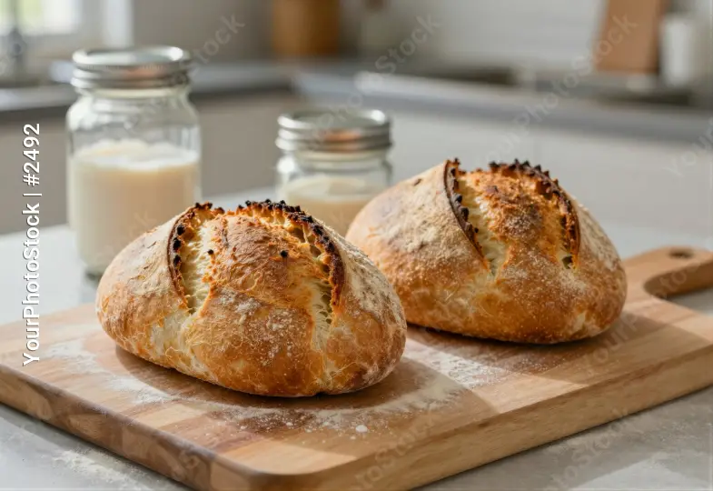 Two Golden Brown Breads on Cutting Board baked goods