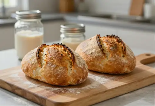 Two Golden Brown Breads on Cutting Board baked goods